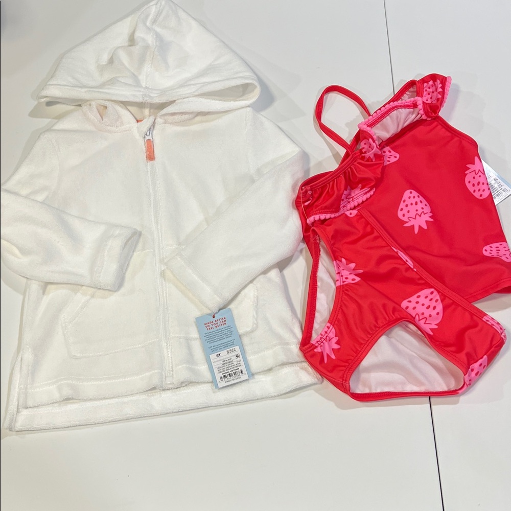 Cat & Jack - 3T, White Terry Cloth Swim Cover Up, 2 pc Swim Suit Bundle
